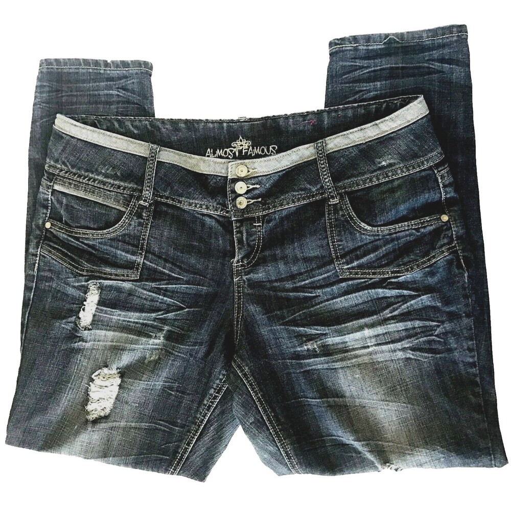 Almost Famous Jeans 20 Stitched Straight Blue Distressed Hippie Rip Button Pockt